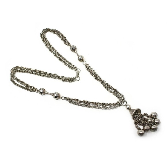 Vintage Ball Tassel Necklace Silver Metal Multi Chain Faceted Beads 26" -Hey Viv - Picture 3 of 5